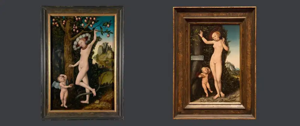 două versiuni ale picturii „Cupid plângându-se lui Venus” de Lucas Cranach cel Bătrân